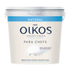 Oikos yogurt container with blue and white label on a white background