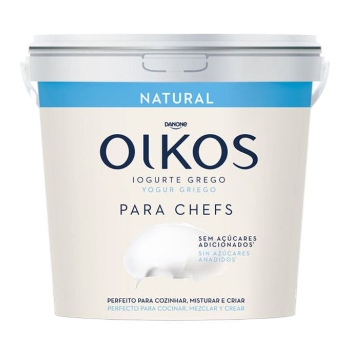 Oikos yogurt container with blue and white label on a white background