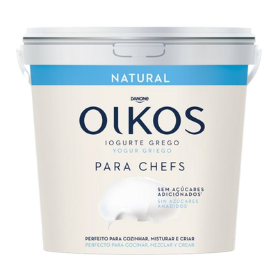 Oikos yogurt container with blue and white label on a white background