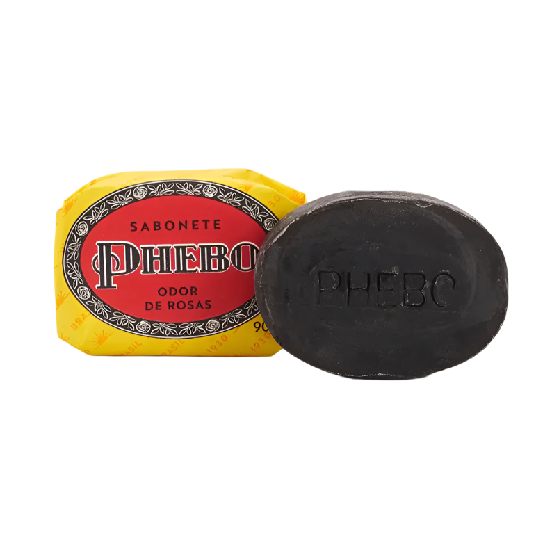 Black soap bar with a red and yellow packaging labeled 'Phebo' on a white background