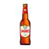 A bottle of Sagres beer with a red label, green and white branding, and a visible barcode.