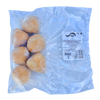 Packaged frozen chicken coxinhas with catupiry cheese visible through the clear plastic, with branding and information labels on the top.