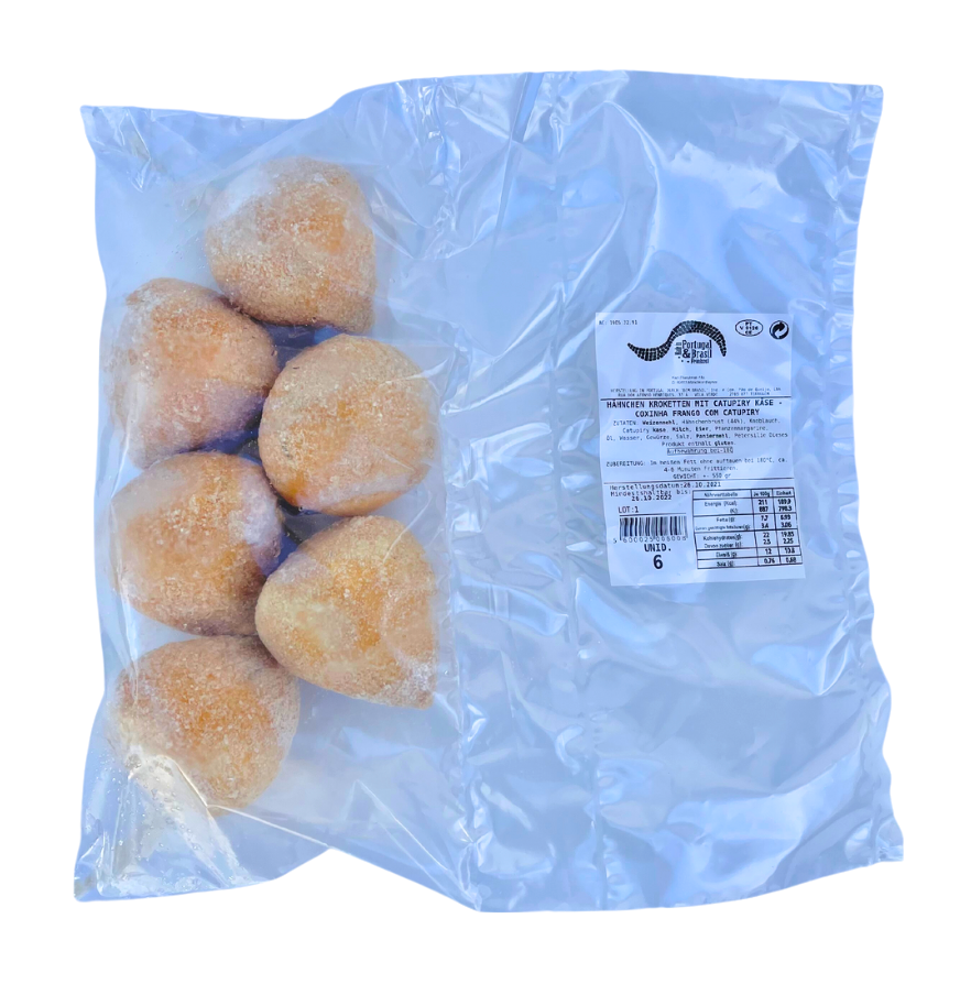 Packaged frozen chicken coxinhas with catupiry cheese visible through the clear plastic, with branding and information labels on the top.