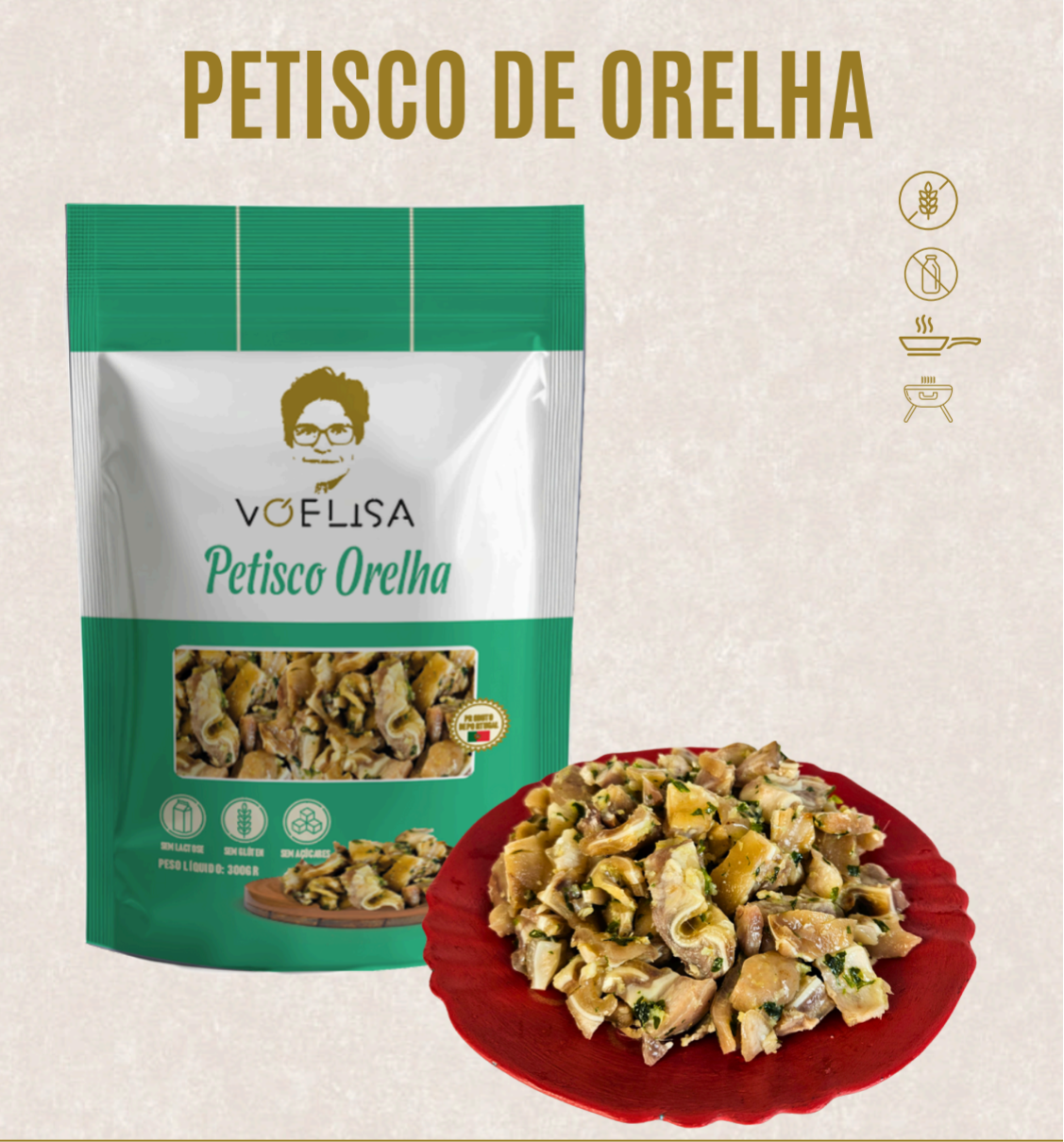 Voflisa Petisco Orelha packaging with a plate of snacks on a beige background