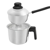 Stainless steel double boiler with black handles on a white background