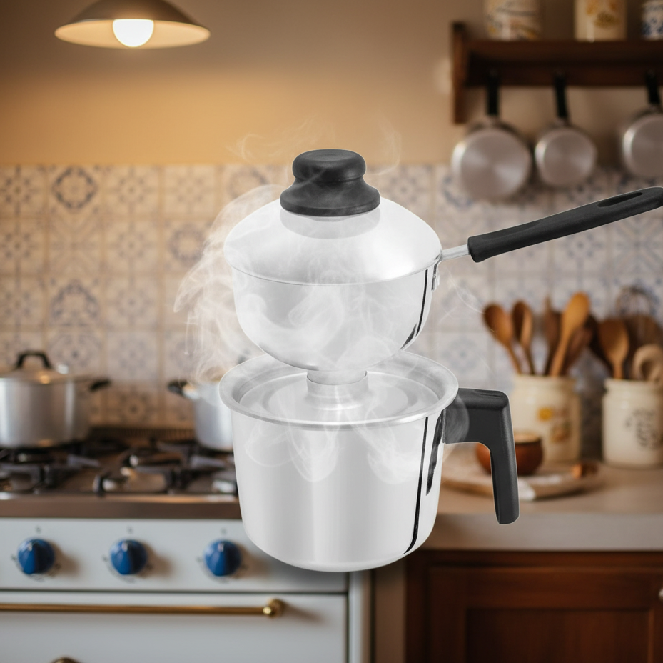 White pressure cooker with black handle in a kitchen setting