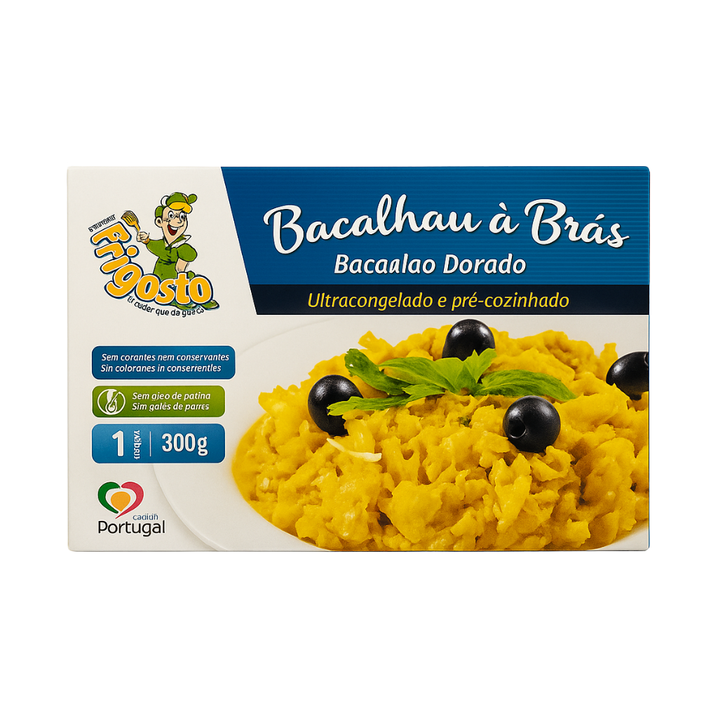 Packaged dish of 'Bacalhau à Brás' with Prigostão branding on a white background