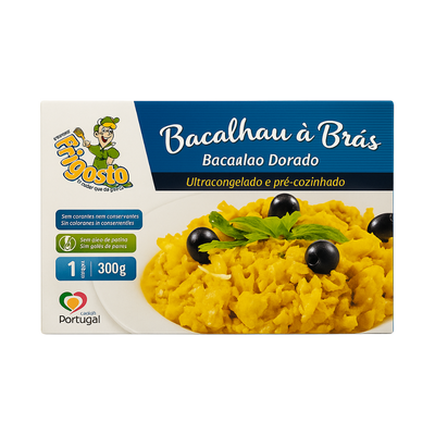 Packaged dish of 'Bacalhau à Brás' with Prigostão branding on a white background