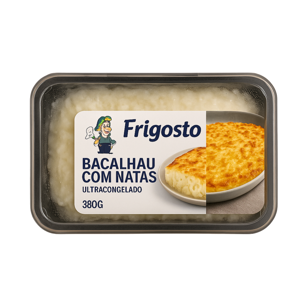 Frigosto brand packaging of bacalhau com natas on a white background