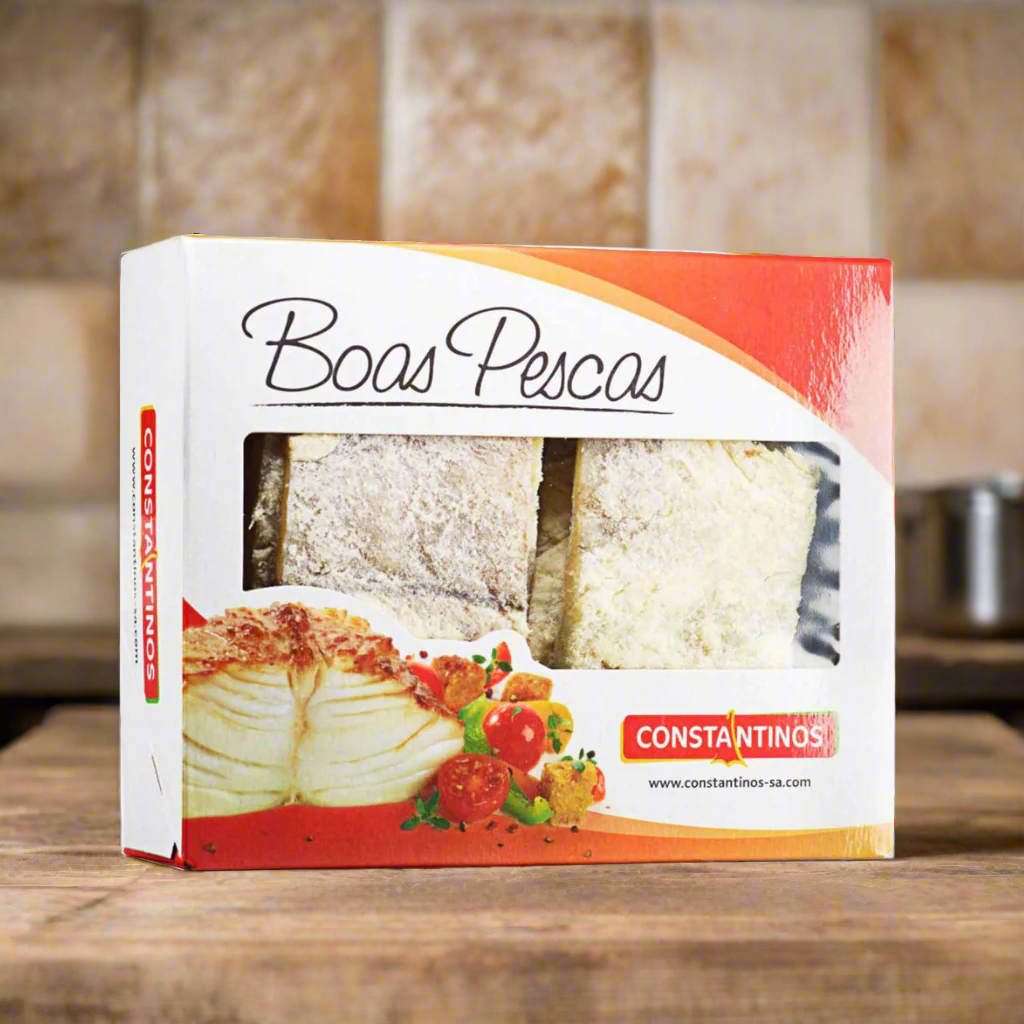 Packaged cod fish product labeled 'Boas Pescas' by CONSTANTINOS with an image of the fish and tomatoes on the front.