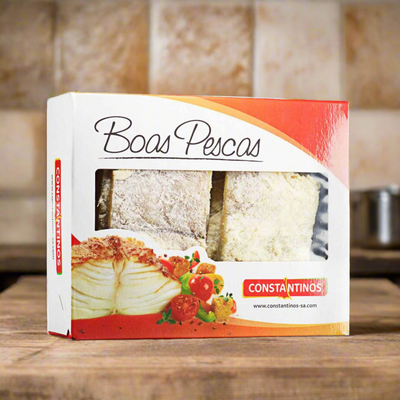 Packaged cod fish product labeled 'Boas Pescas' by CONSTANTINOS with an image of the fish and tomatoes on the front.