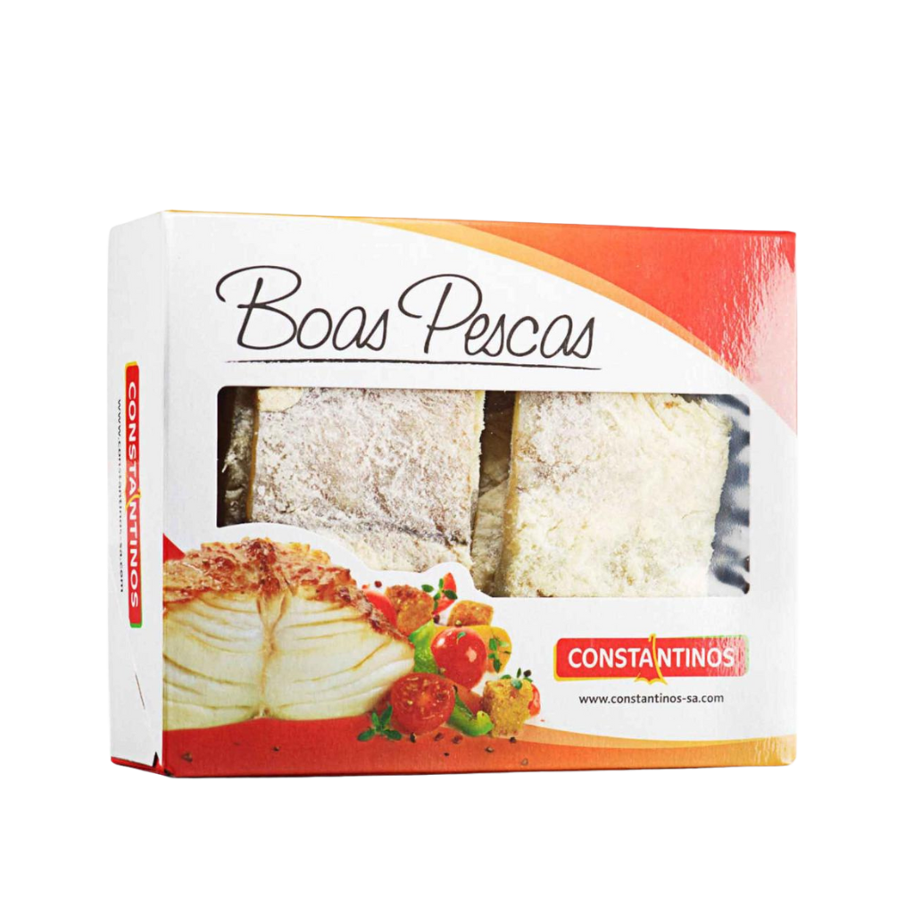 Packaged food product with 'Boas Pescas' branding on a white background