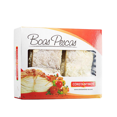Packaged food product with 'Boas Pescas' branding on a white background