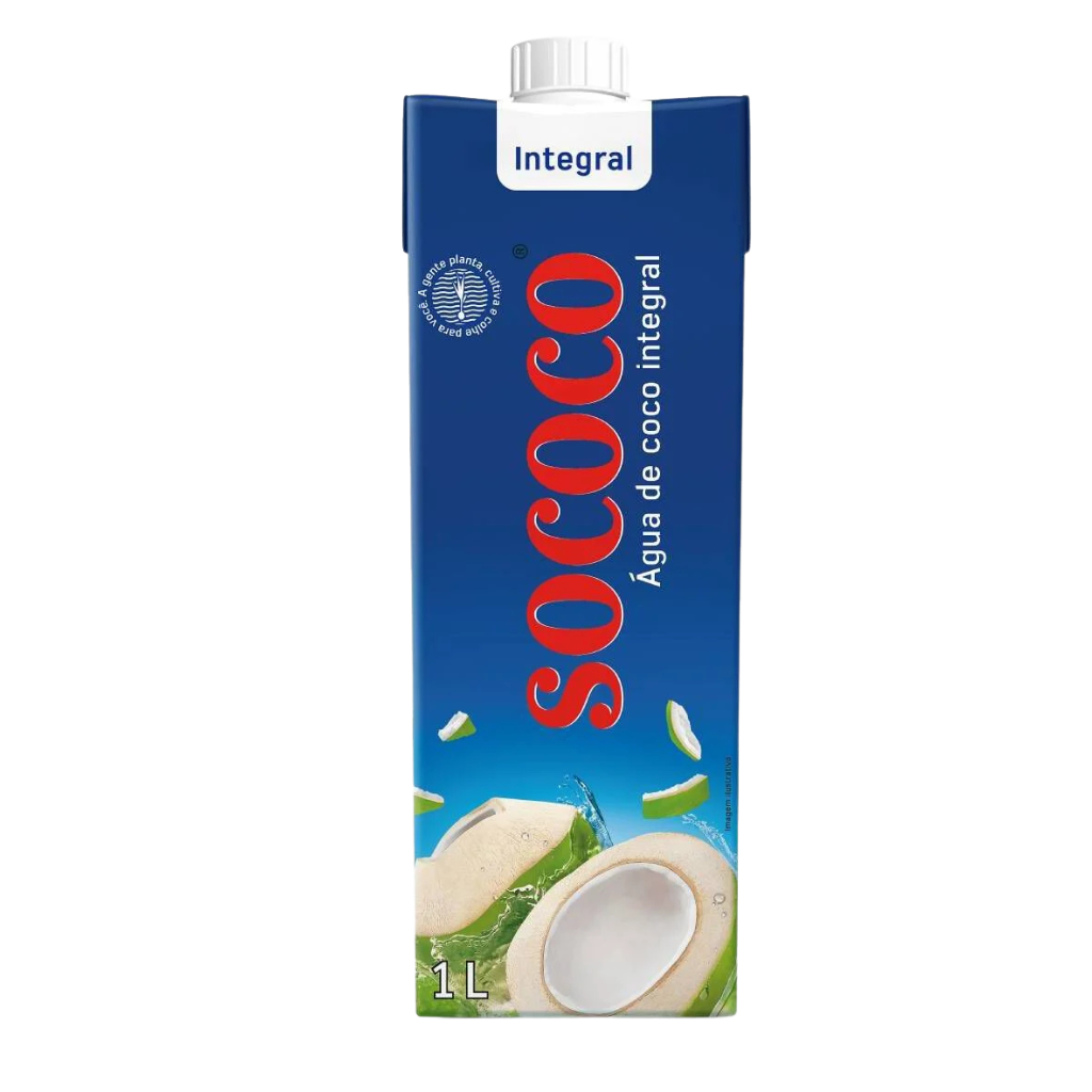 Sococo coconut water carton with blue and red design on a white background