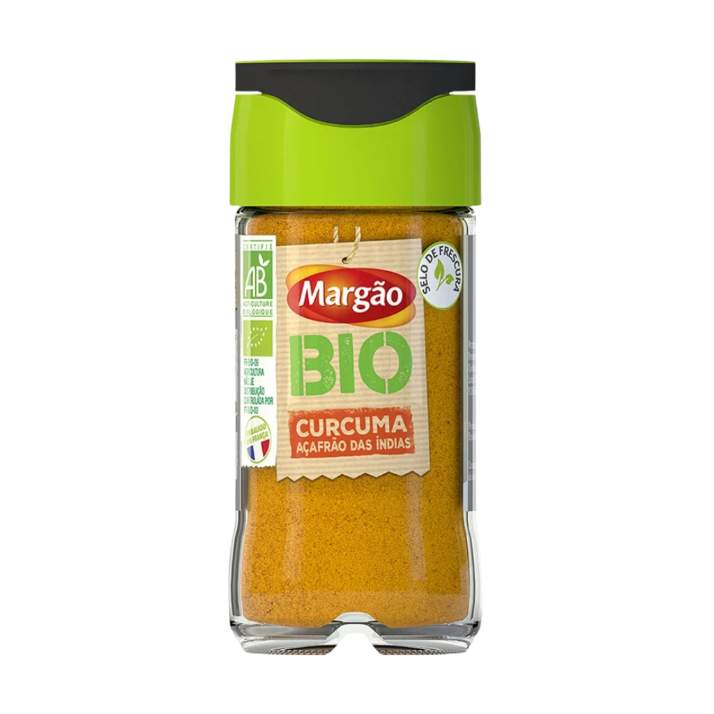 Jar of Margão Bio Curcuma spice on a white background