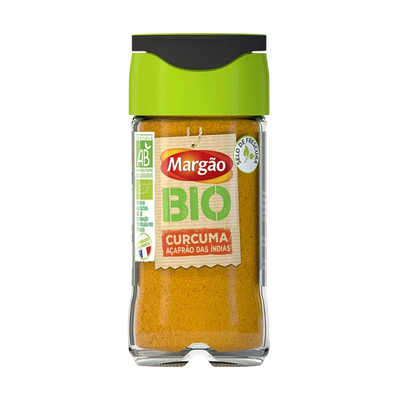 Jar of Margão Bio Curcuma spice on a white background