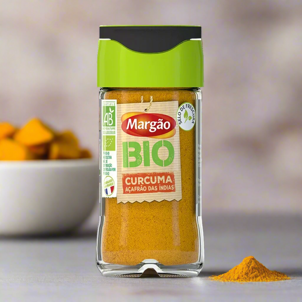 Jar of Margão Bio Curcuma spice with a blurred background