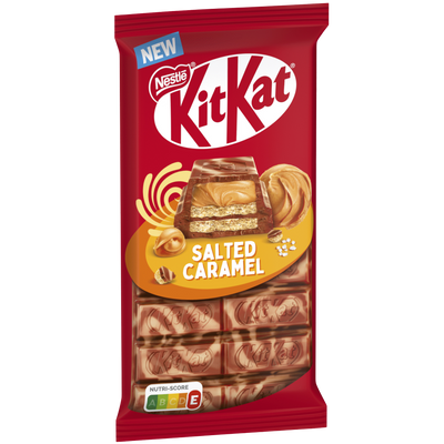 KitKat Salted Caramel chocolate bar packaging with Nestle logo on a white background