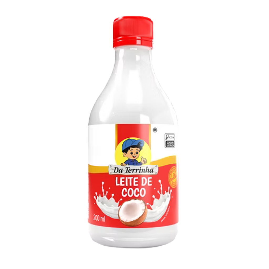 Bottle of Da Terrinha coconut milk with a red cap on a white background