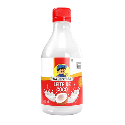 Bottle of Da Terrinha coconut milk with a red cap on a white background