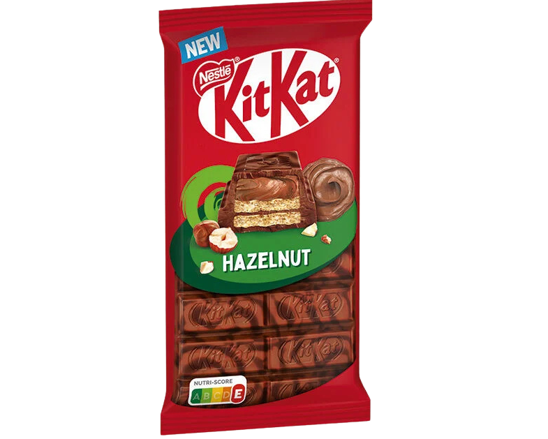KitKat Hazelnut chocolate bar packaging on a white background