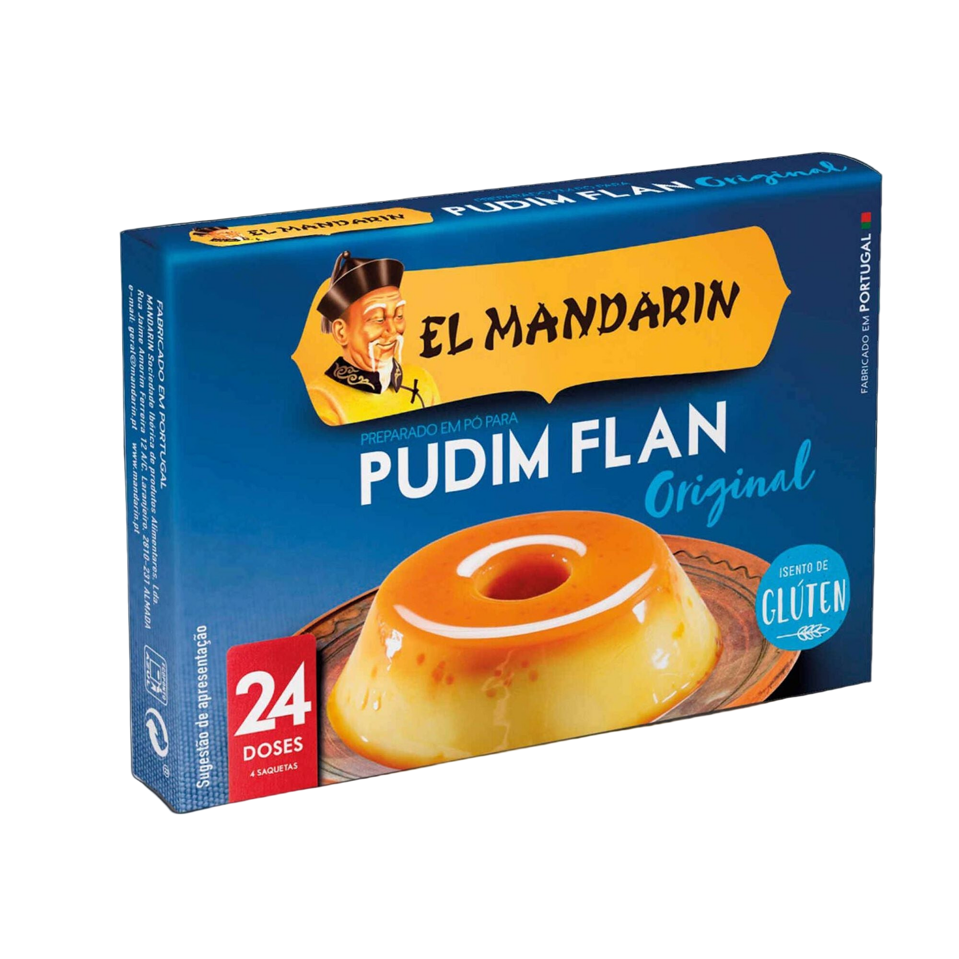 Box of El Mandarin Pudim Flan Original with a blue background