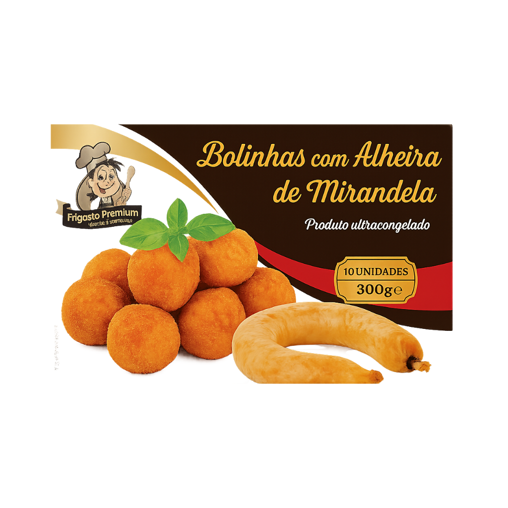 Packaging of Bolinhas com Alheira de Mirandela with product and brand details.