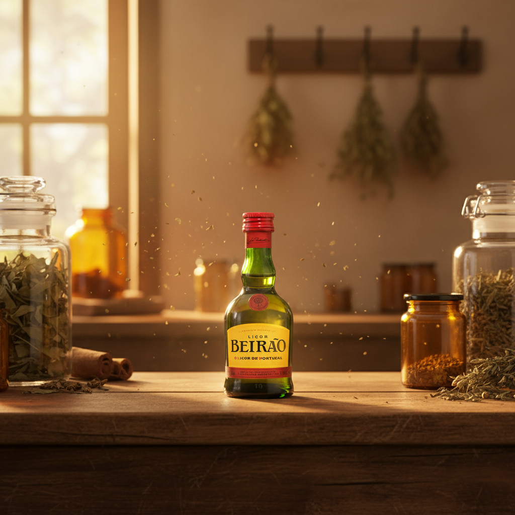 Bottle of Liqueur Beiráo on a wooden surface with jars and plants in the background