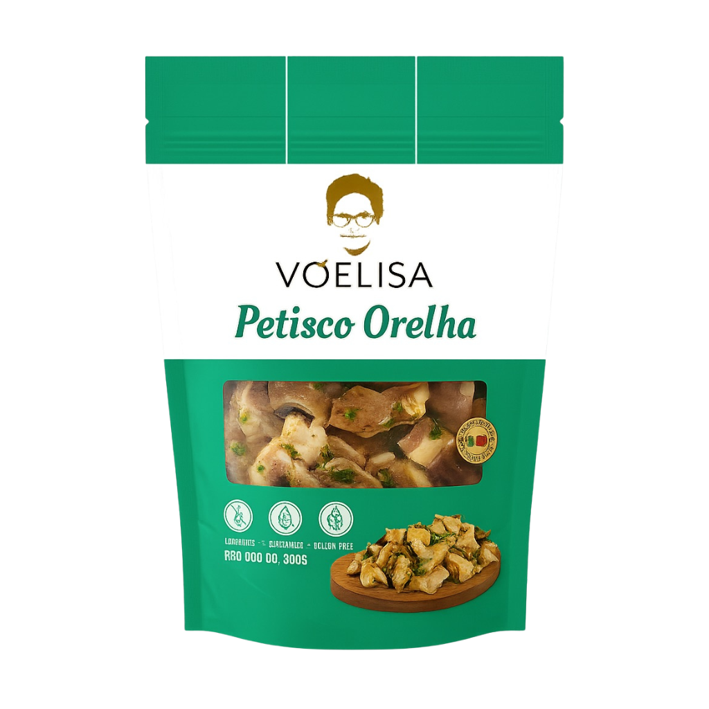 Green packaging of Vãelisa Petisco Orelha with product image and brand logo.