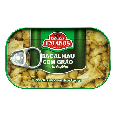 Canned food packaging with Ramirez brand label on a white background