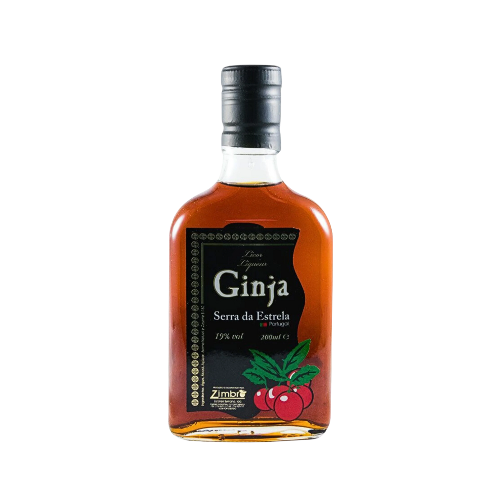 Bottle of Ginja with a black label on a white background