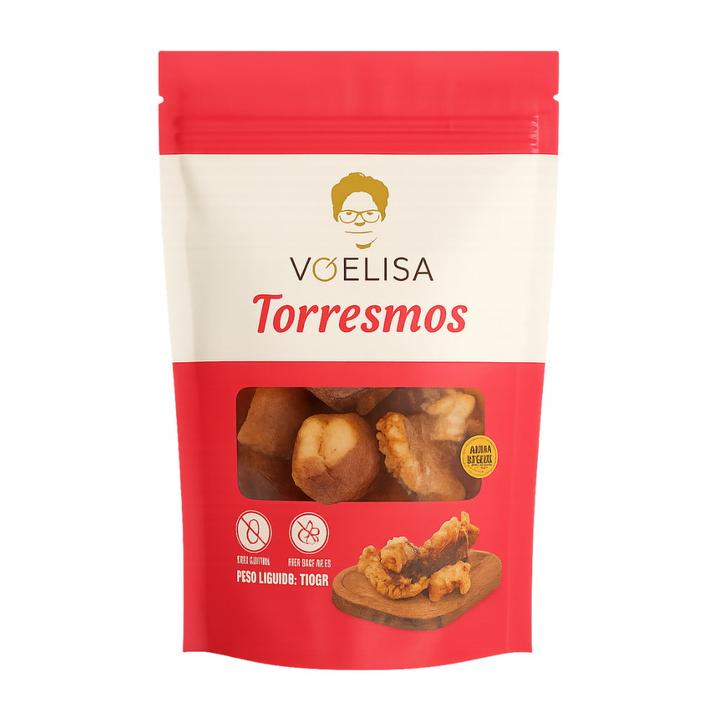 VOELISA Torresmos packaging with red and beige design on a white background