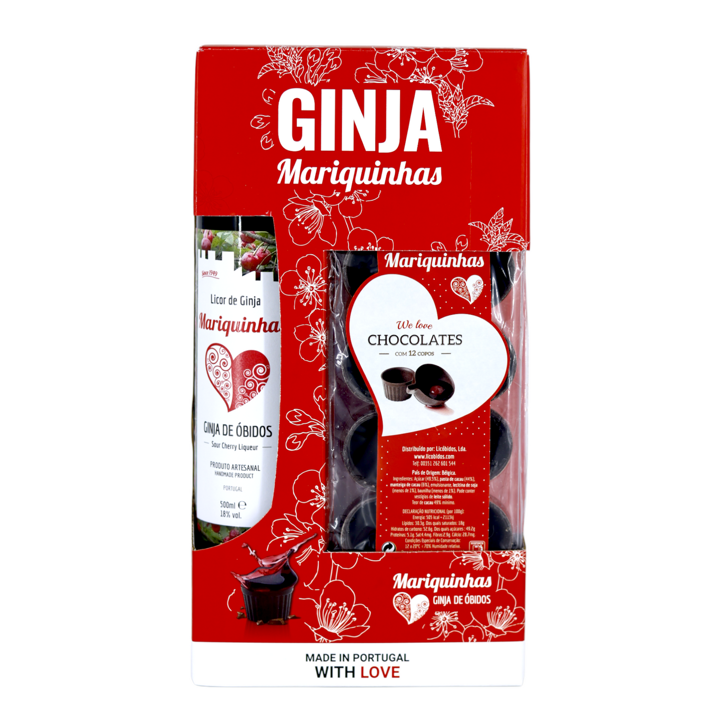 Conjunto Licóbidos - Licor de Ginja Mariquinhas com 12 Copos Chocolate
