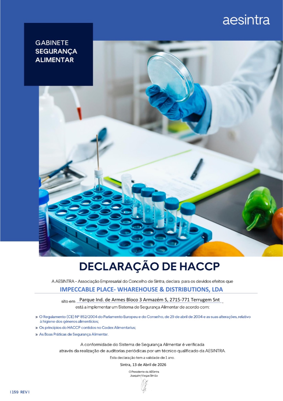 Declaração de HACCP 2026/2027 — AESINTRA, Impeccable Place – Warehouse & Distributions, Lda.